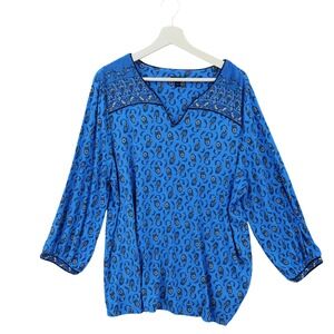 J. Jill Women Wearever Travel Coastal Paisley Top XL Blue 3/4 Sleeve VNeck Boho